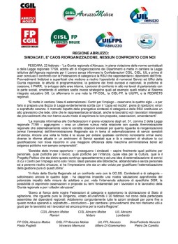 Regione Abruzzo, sindacati: è caos organizzazione, nessun confronto con noi